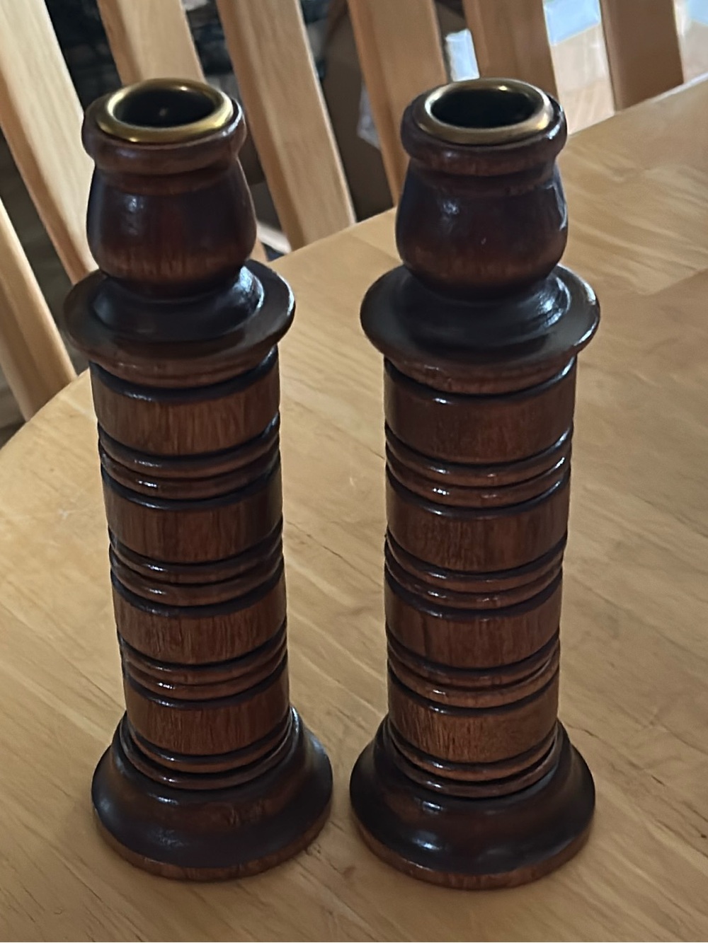 Vintage Home Interior Brown Wooden Candlestick Pair -
